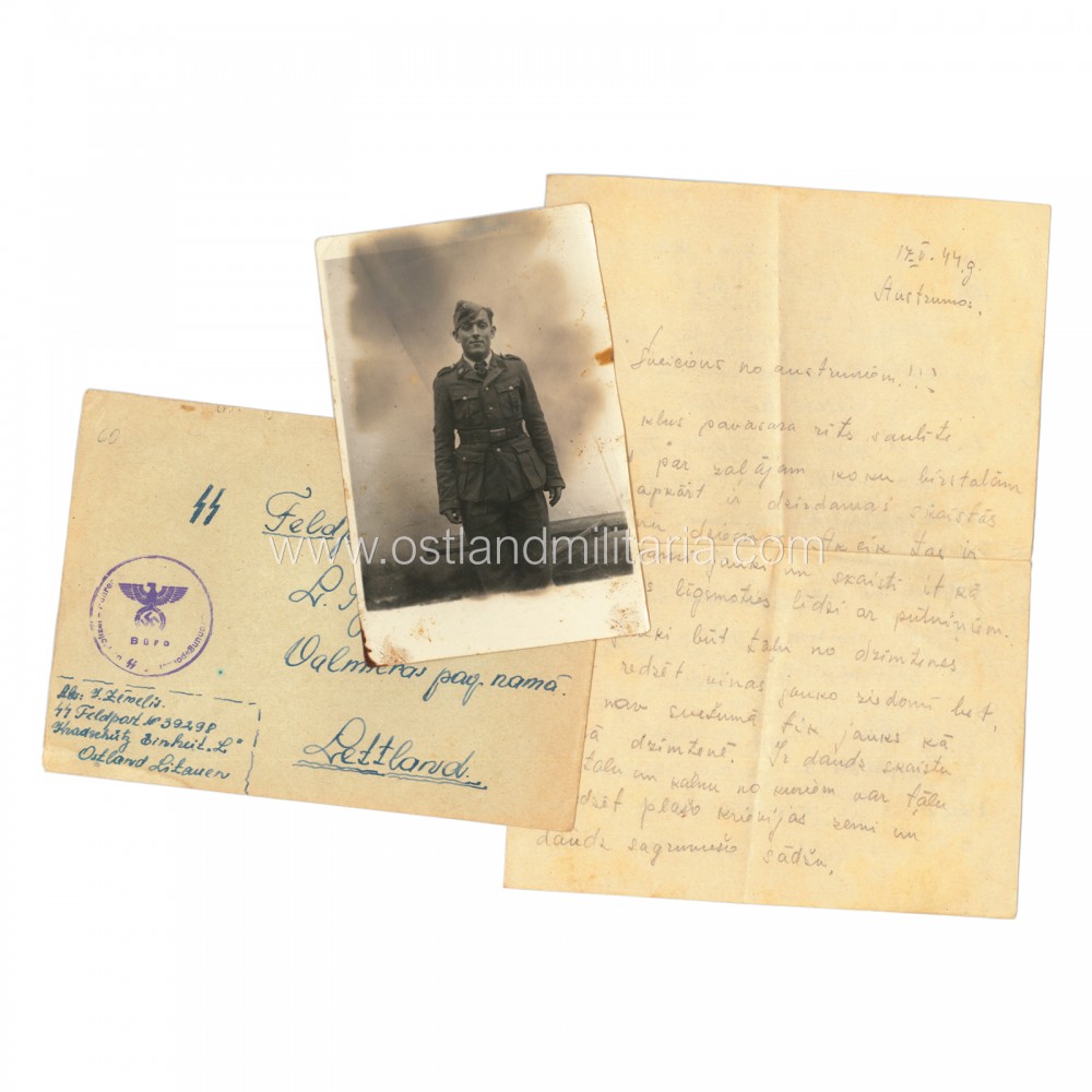 Latvian SS volunteer photo, letter, and an envelope, 1943–1944 Germany 1933–1945