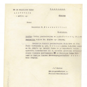 SS- und Polizeiführer letter to P. Plechavičius, 1944 Germany 1933–1945