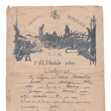 5th Infantry Regiment of Lithuanian Grand Duke Kestutis certificate, 1927 Lithuania