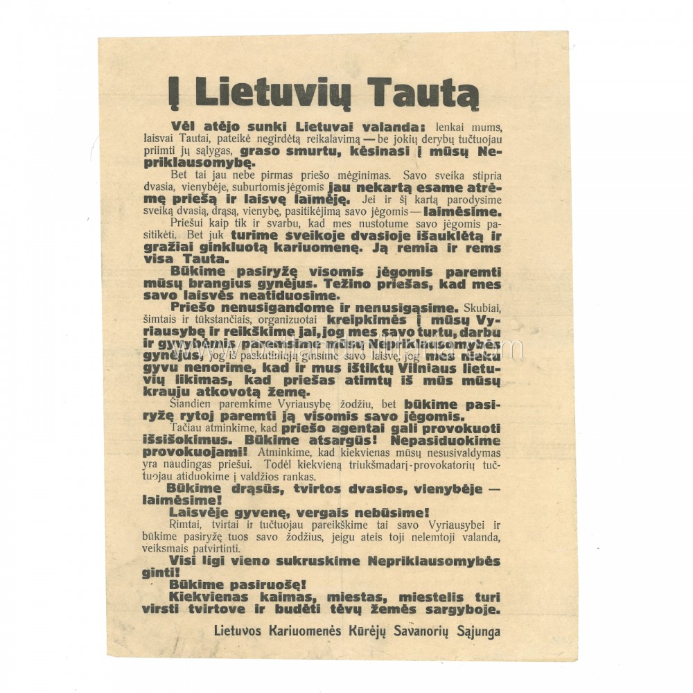 LKKSS public proclamation, Lithuania, 1938 Lithuania